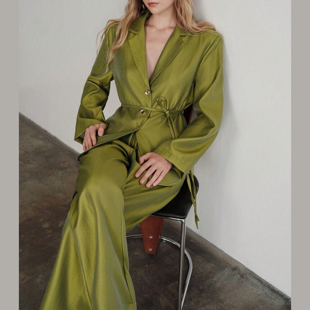 Olive Green Taffeta Satin Belted Blazer and Wide Leg Trouser Set